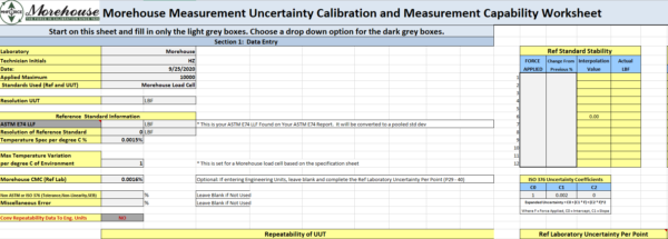 The Morehouse CMC Calculations for Force Measurements worksheet, Section 1: Data Entry, v3.34. Available free at mhforce.com.