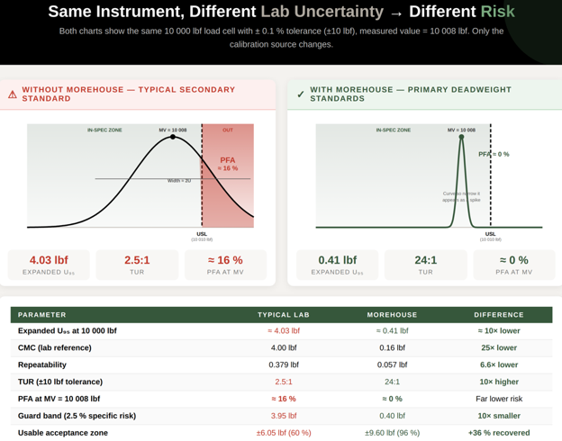 Figure 9. Same instrument, same tolerance, same measured value of 10 008 lbf. Only the calibration source changes, and with it the uncertainty, the TUR, the guardband, and the usable acceptance zone.