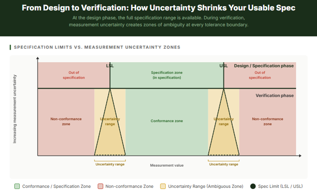 Figure 2. What you specify on paper and what you can verify in practice are not the same thing. Uncertainty turns each sharp limit into a band of ambiguity, and the wider the band, the less of the specification is usable.